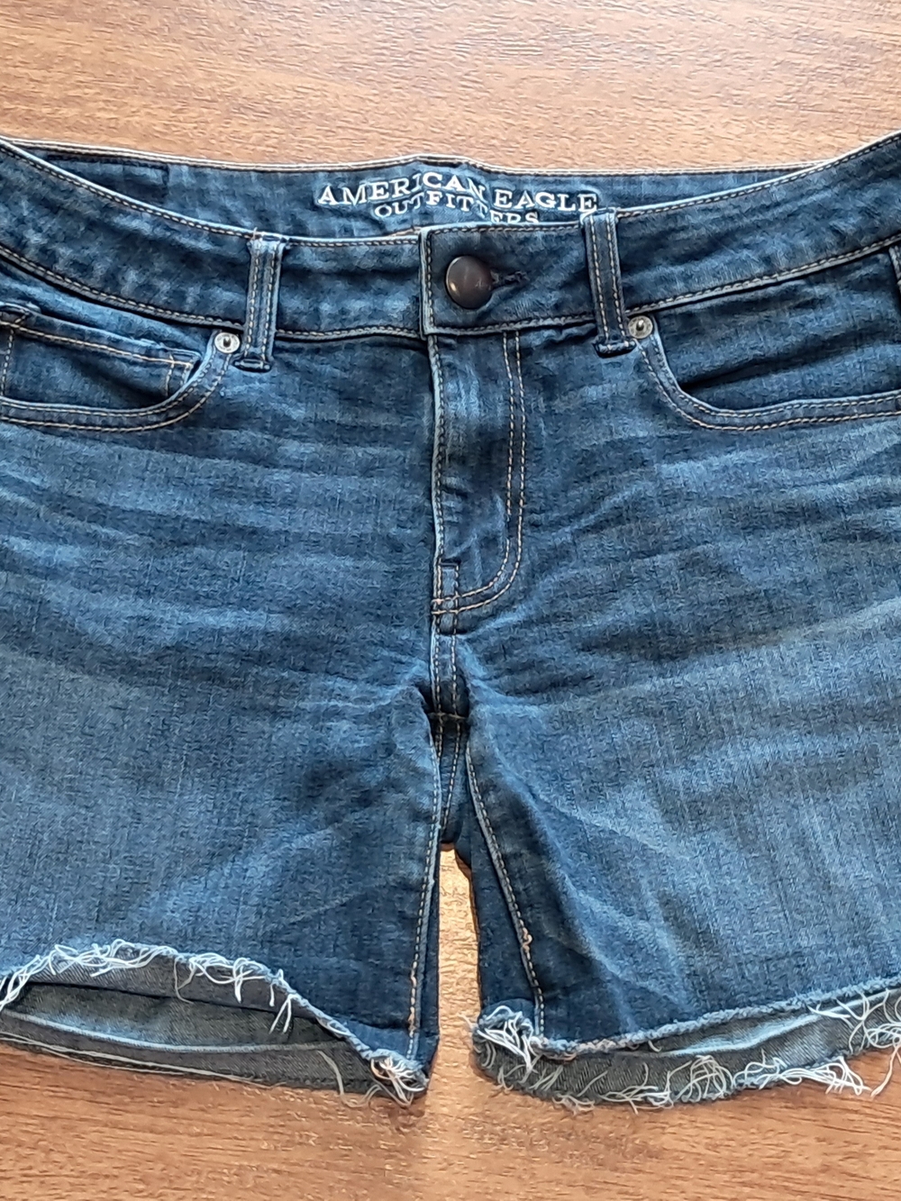 American Eagle Outfitters Women's Dark Blue Denim Frayed Hem Shorts